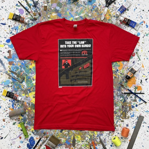 American Apparel Kilo Adverts Firearms Graphic Tee Red Regular - Picture 1 of 9